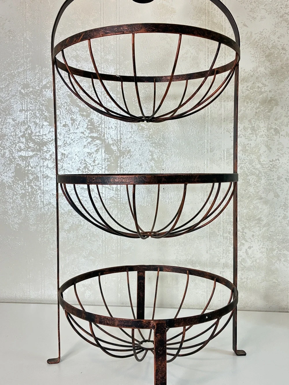Rustic Three-Tier Metal Wall Basket - Copper Brown